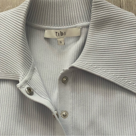 Tibi Ribbed Knit Button Snap Front Point Collared Polo Bodysuit in Light Blue - Picture 3 of 12